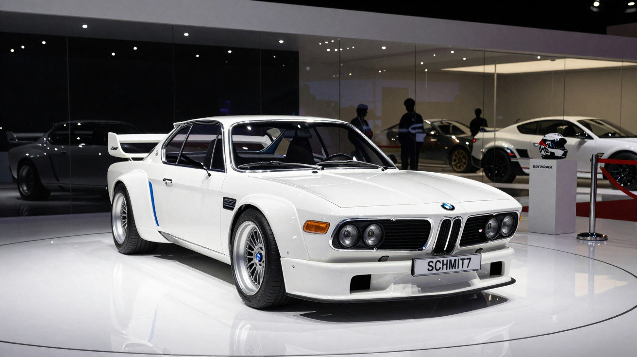 Weißer klassischer BMW M1 Sportwagen auf glänzendem Ausstellungsboden in moderner Autoausstellung.