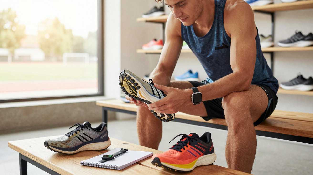 Mann sitzt auf Bank im Sportgeschäft und betrachtet Laufschuh in der Hand, zwei weitere Schuhe liegen auf Tisch.