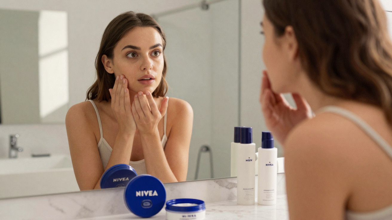 Frau pflegt ihr Gesicht vor dem Spiegel mit Nivea Hautpflegeprodukten im Badezimmer.