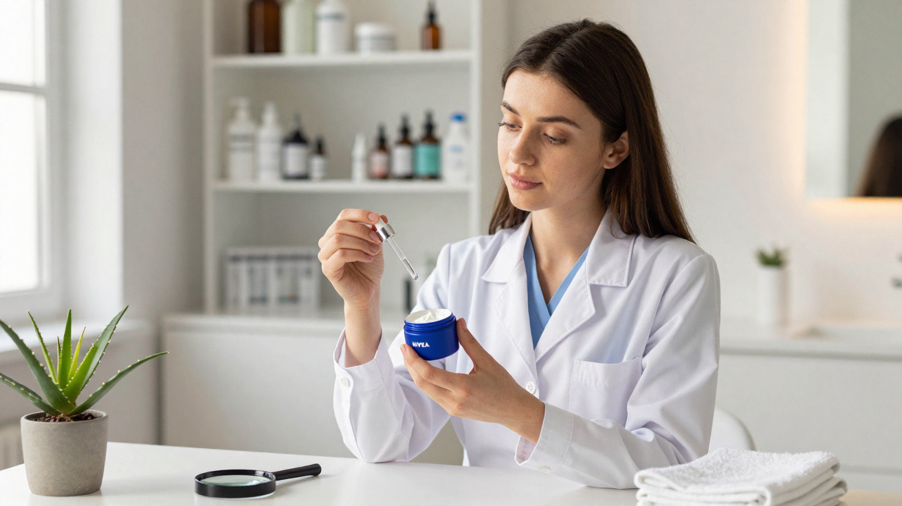Frau im weißen Kittel tropft Serum mit Pipette in Nivea-Creme in hellem, modernem Labor oder Kosmetikstudio.