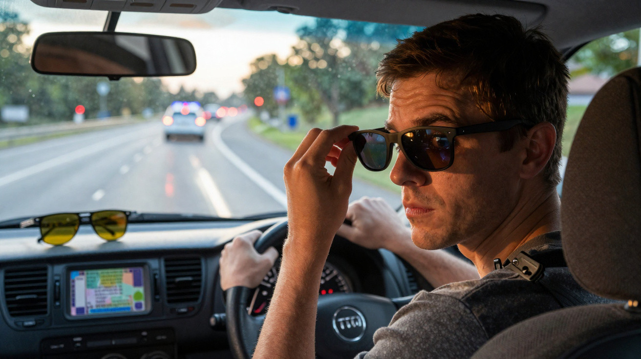 Mann mit Sonnenbrille fährt Auto und blickt über die Schulter auf eine mehrspurige Straße bei Tageslicht.