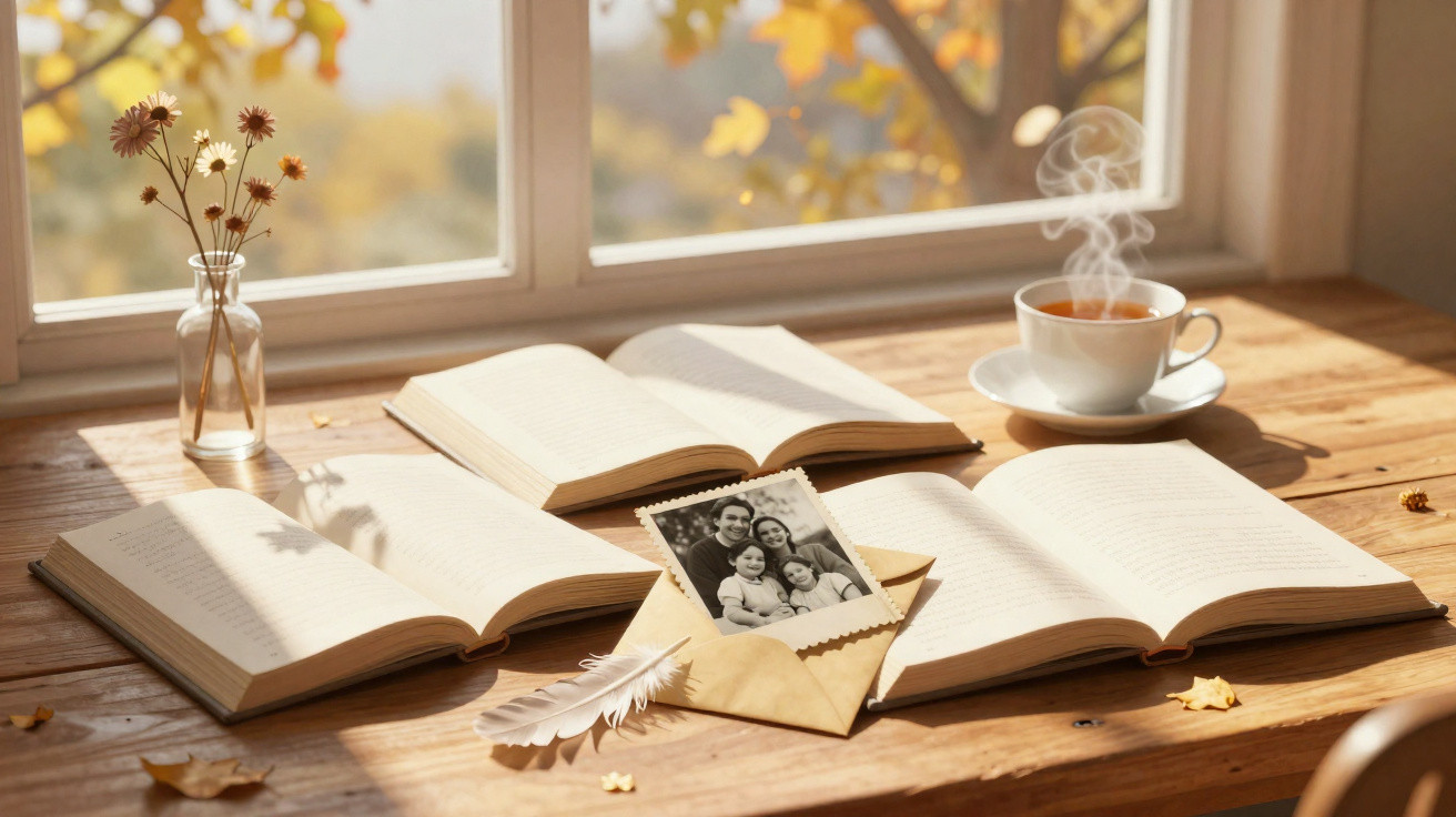 Drei geöffnete Bücher, eine dampfende Tasse Tee, ein Blumenstrauß und ein altes Familienfoto auf Holztisch am Fenster.