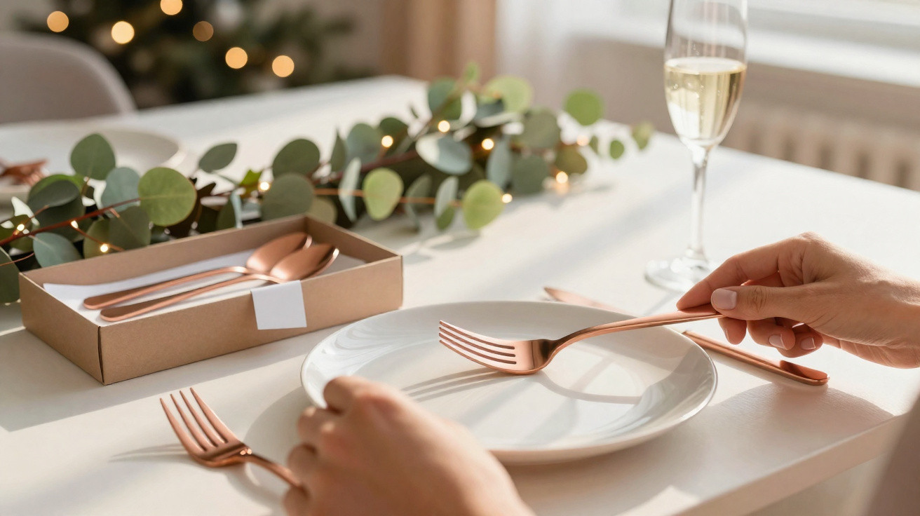 Weihnachtliches gedeckter Tisch mit weißem Teller, roségoldenem Besteck und einer Gläser Sekt im Hintergrund.