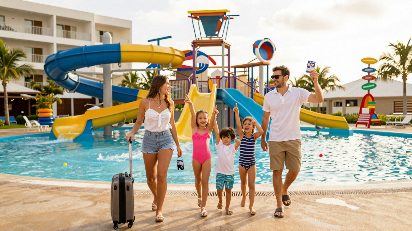 Glückliche Familie mit drei Kindern läuft am Pool mit bunten Wasserrutschen in einem Ferienresort entlang.