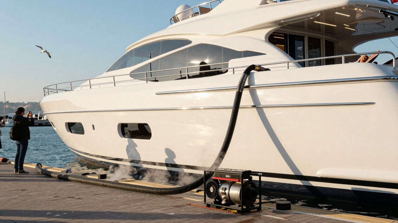 Weiße Yacht liegt am Hafen und wird mit schwarzen Schläuchen von einem Generator versorgt, Person fotografiert.