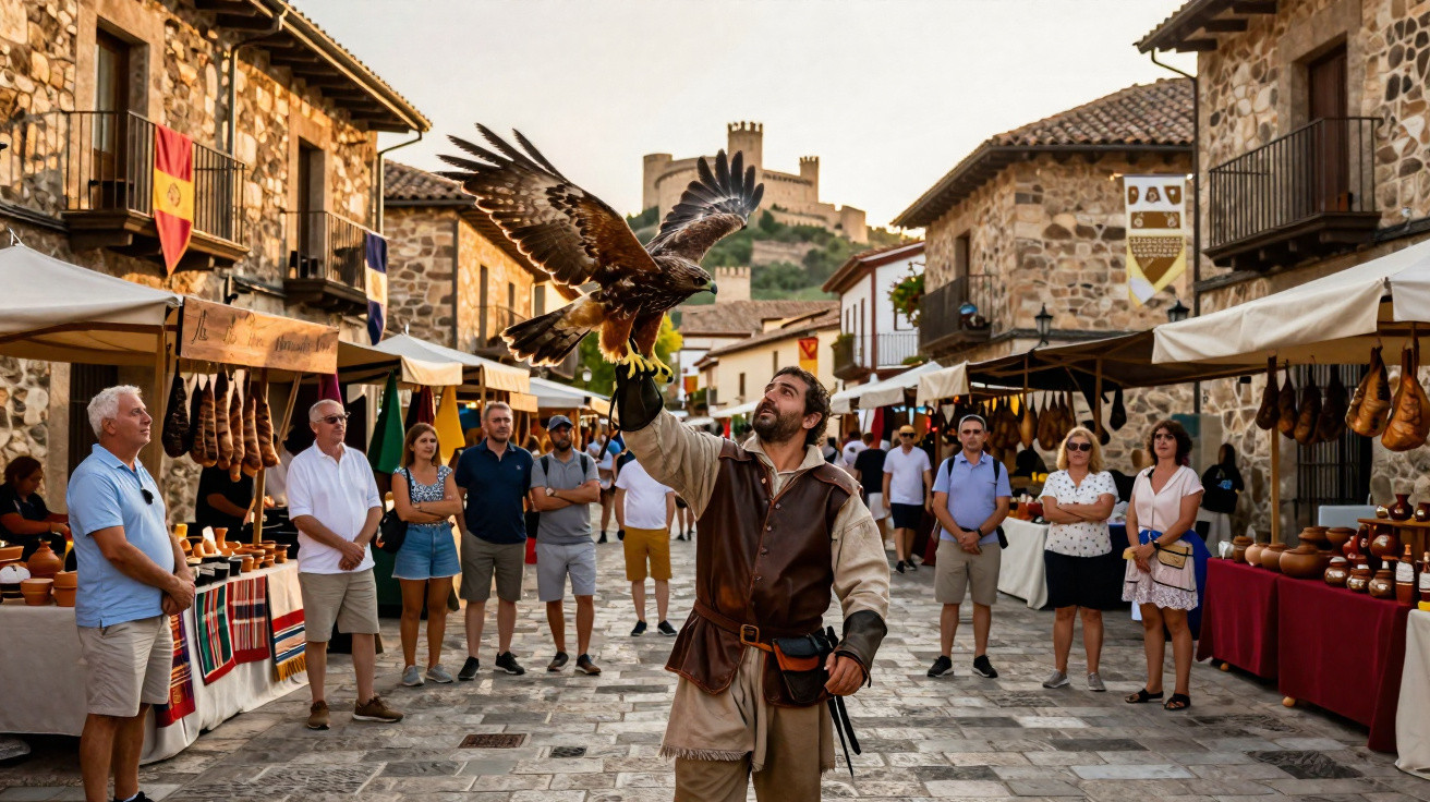 Mann in mittelalterlicher Kleidung mit Adler auf der Hand, umgeben von Zuschauern auf einem Markt in einer Altstadt.