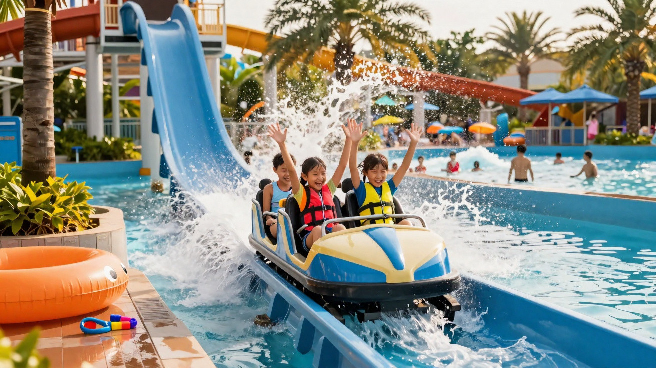 Kinder mit Schwimmwesten fahren lachend eine Wasserrutsche im Freizeitpark hinunter, umgeben von Palmen und Schwimmbecken.
