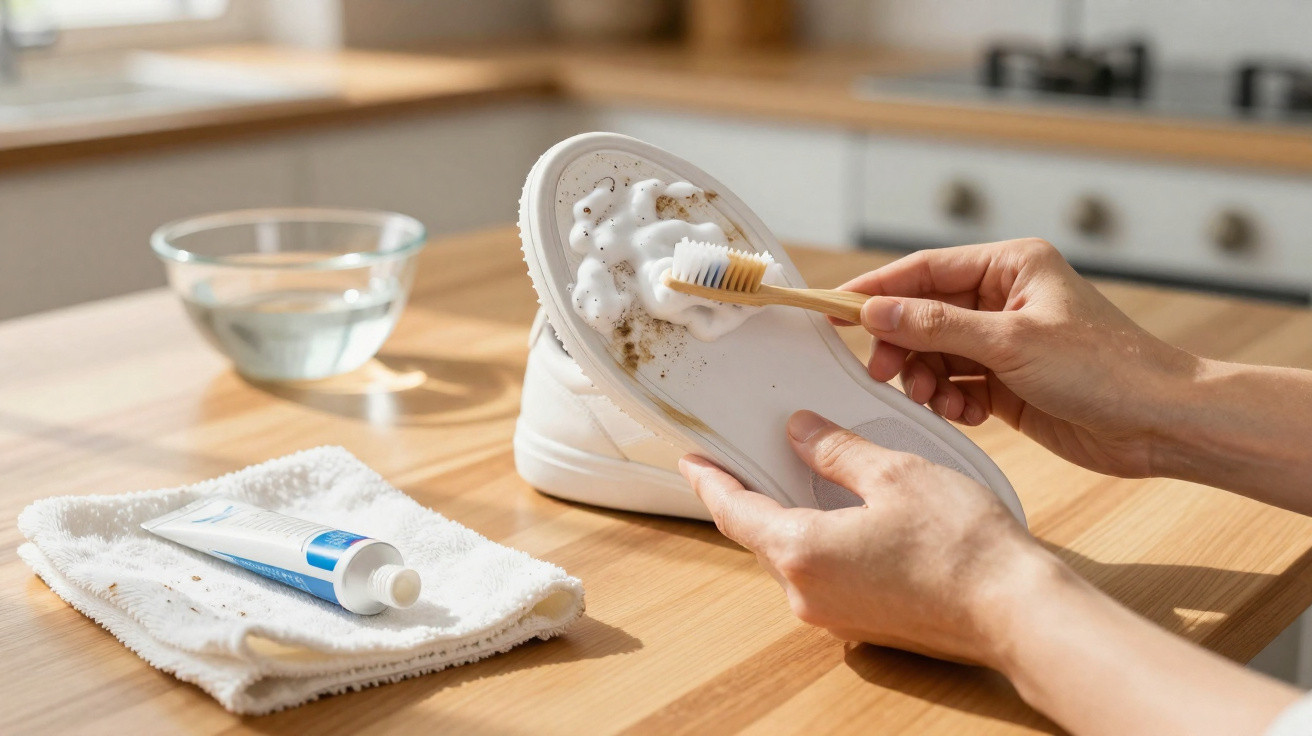 Hand reinigt mit Zahnbürste und Schaum die verschmutzte Sohle eines weißen Sneakers auf Holzoberfläche.