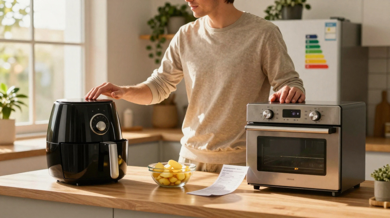 Mann bedient Heißluftfritteuse in moderner Küche neben Backofen und Schüssel mit Kartoffeln.