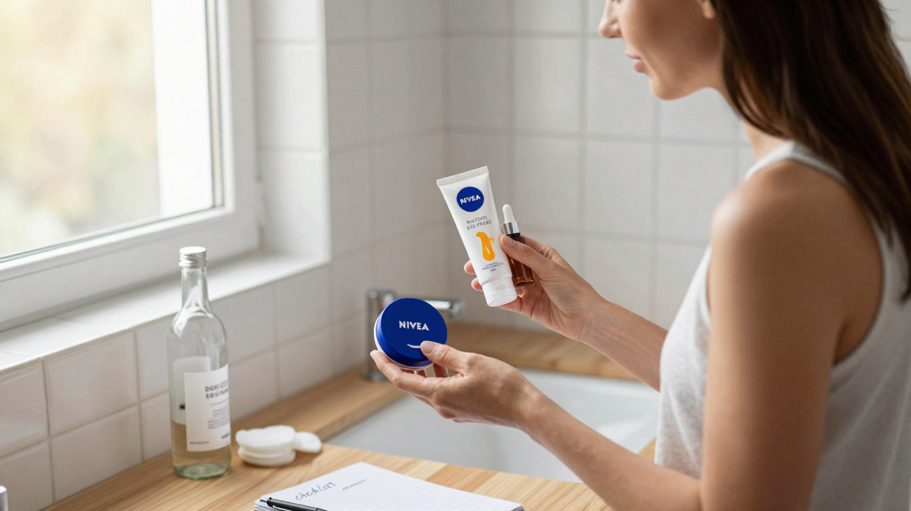 Frau im Badezimmer hält verschiedene Nivea Hautpflegeprodukte vor einem Fenster und Waschbecken.