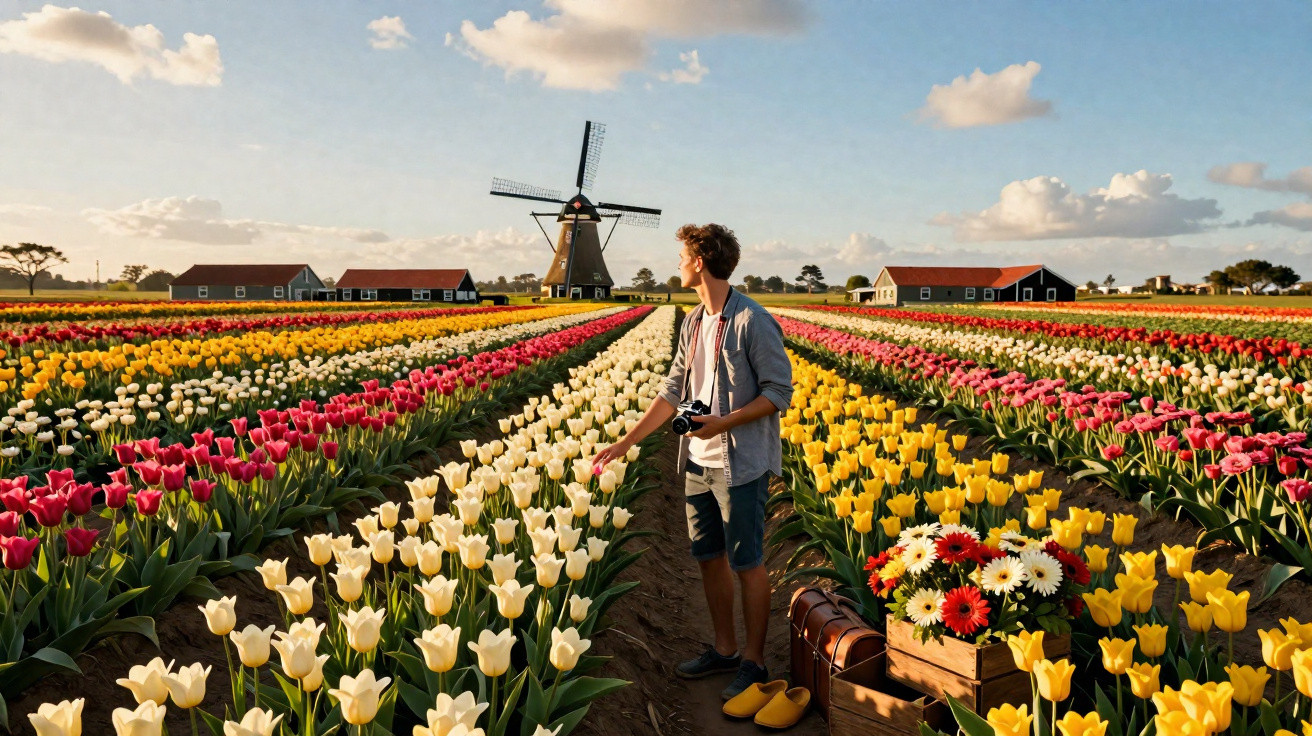 Mann mit Kamera steht auf Feld bunter Tulpen vor traditioneller Windmühle bei Sonnenuntergang.