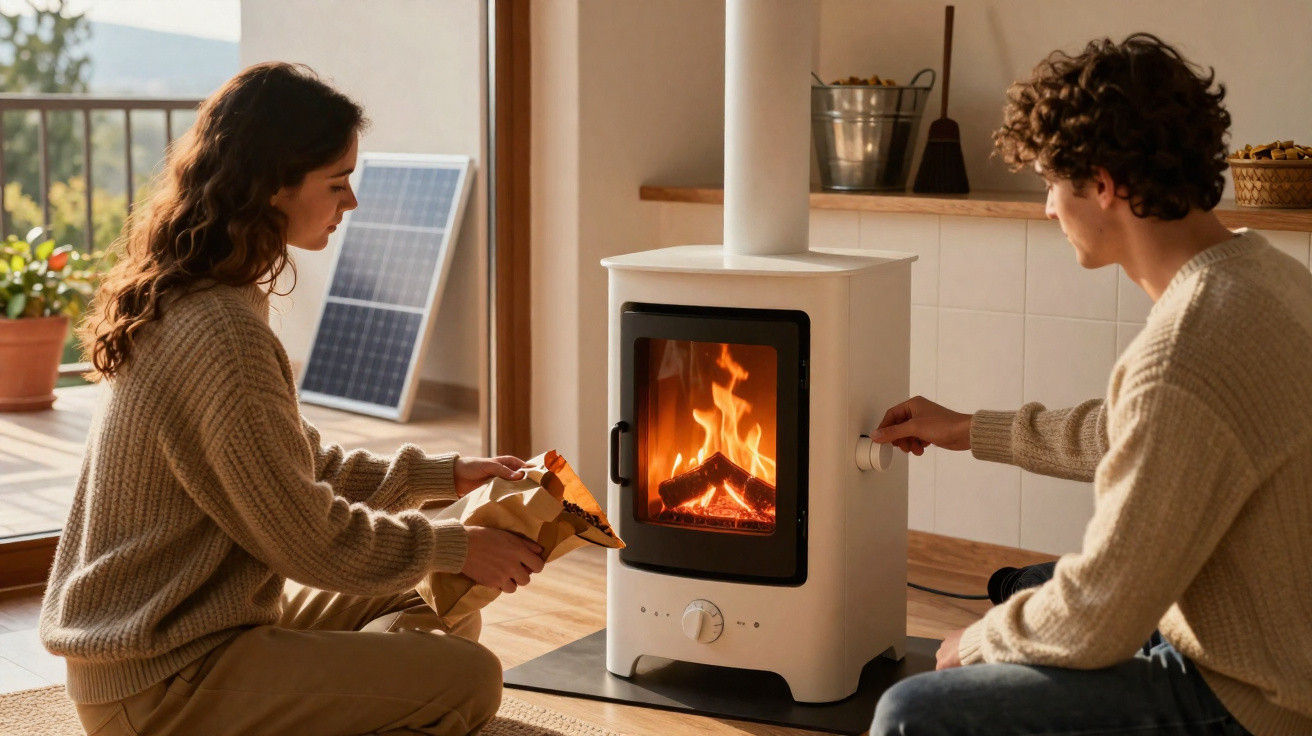 Ein Paar in gemütlichen Pullovern wärmt sich vor einem modernen Kaminofen mit brennendem Feuer auf.