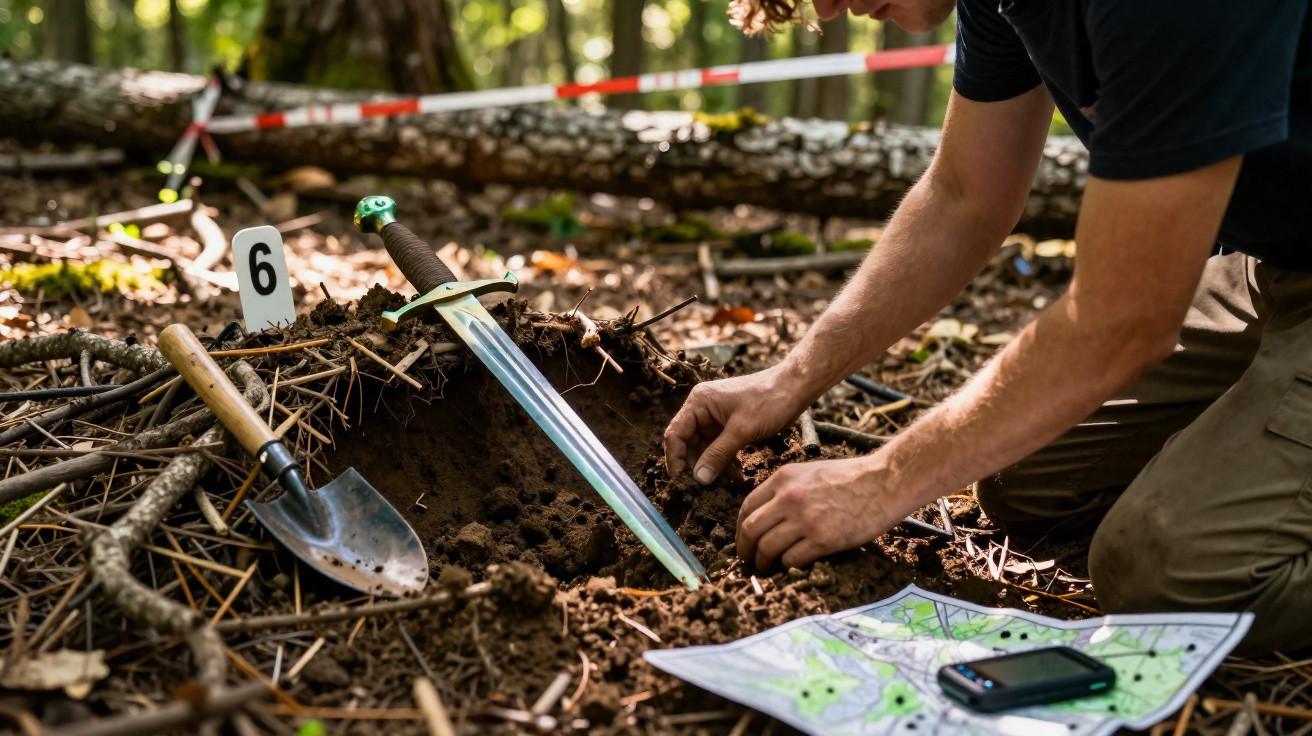 Person gräbt im Wald ein antikes Schwert aus, neben Karte, Kompass und einer Markierung mit der Nummer 6.