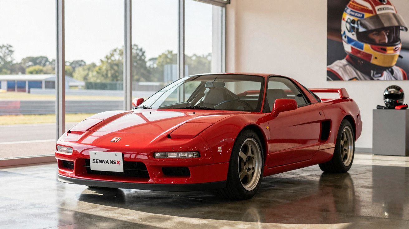 Roter Honda NSX Senna Sportwagen in einer Ausstellungshalle mit großen Fenstern im Hintergrund.