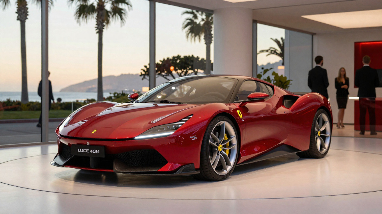 Roter Ferrari Sportwagen in moderner Ausstellungshalle mit Meerblick und Palmen im Hintergrund.
