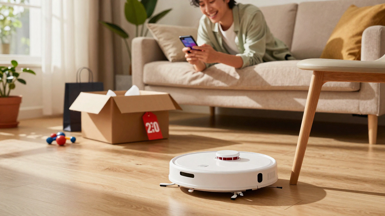 Frau auf Sofa nutzt Smartphone, während ein weißer Saugroboter den Holzboden im Wohnzimmer reinigt.