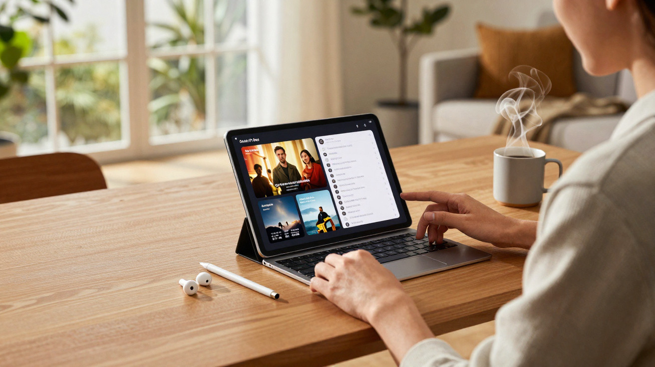 Person arbeitet an Tablet mit Tastatur auf Holztisch, dampfende Tasse und Kopfhörer daneben.