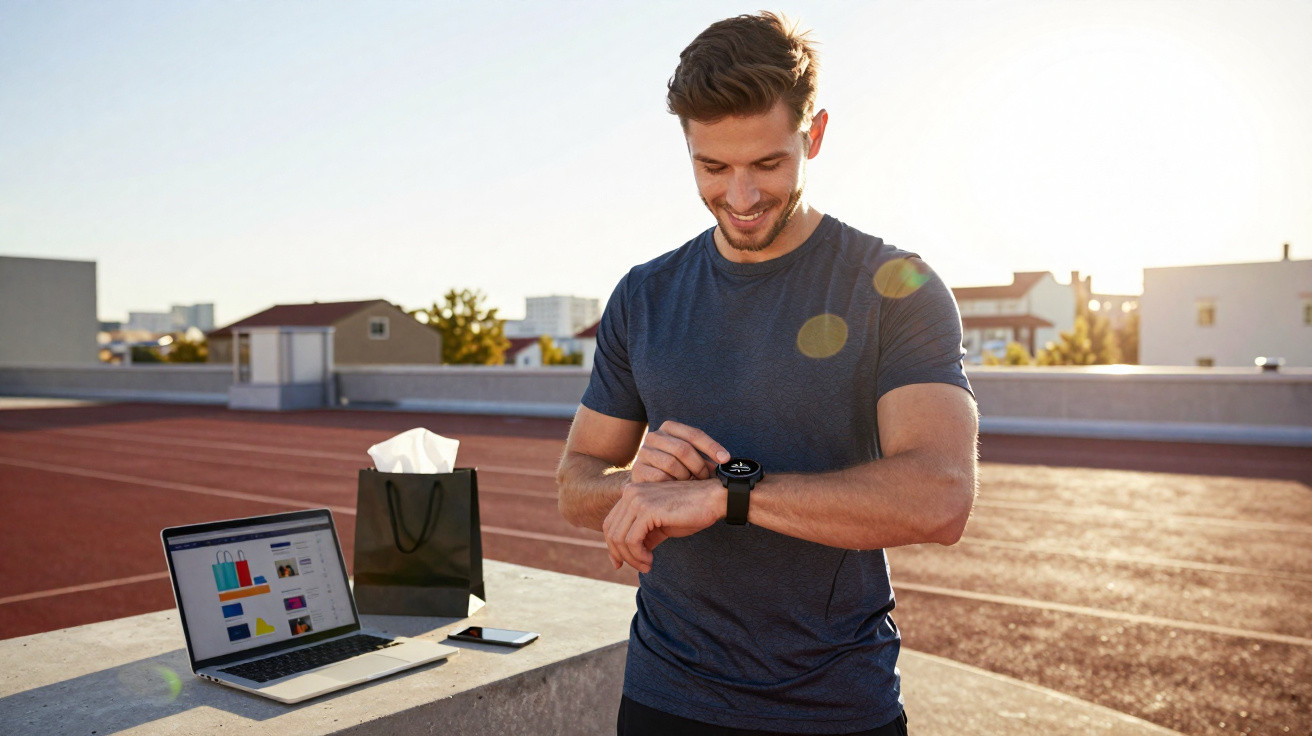 Junger Mann in Sportkleidung prüft Smartwatch im Freien auf einer Sportanlage bei Sonnenuntergang.