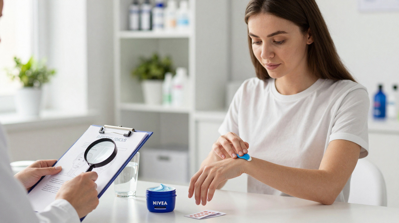 Frau beim Hauttest mit Nivea-Creme, während Arzt mit Lupe Hauttyp analysiert.