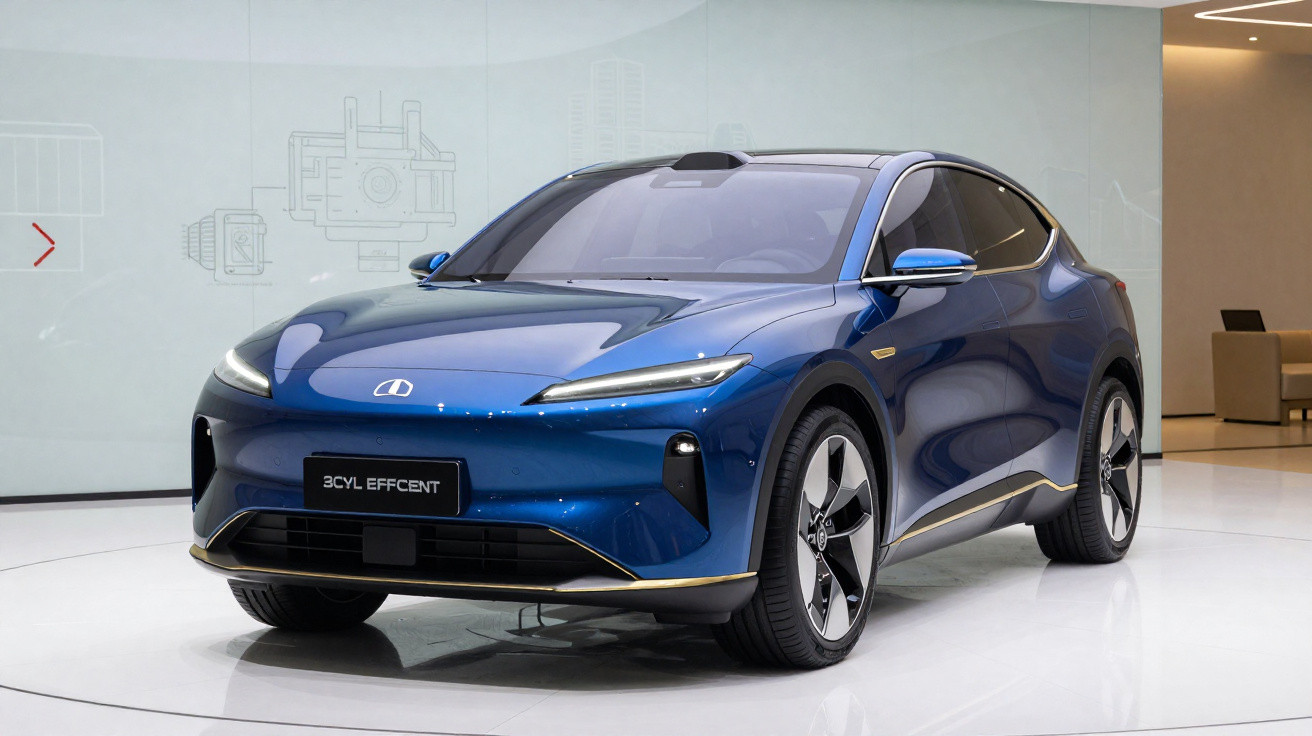 Blaues Elektroauto 3CYL EFFICIENT mit futuristischem Design auf weißem Ausstellungsraum in modernem Umfeld.
