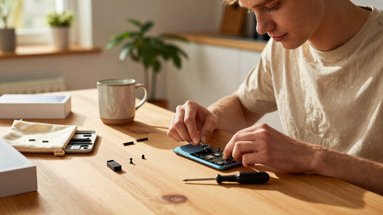 Junger Mann repariert einen geöffneten Smartphone mit kleinen Bauteilen an einem Holztisch.