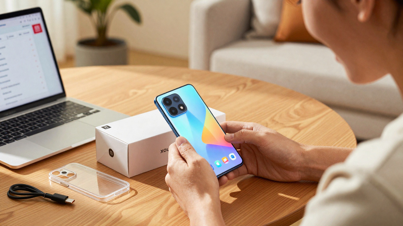 Person hält ein Smartphone mit bunter Anzeige vor einem Tisch mit Laptop, Handyhülle und Verpackung.