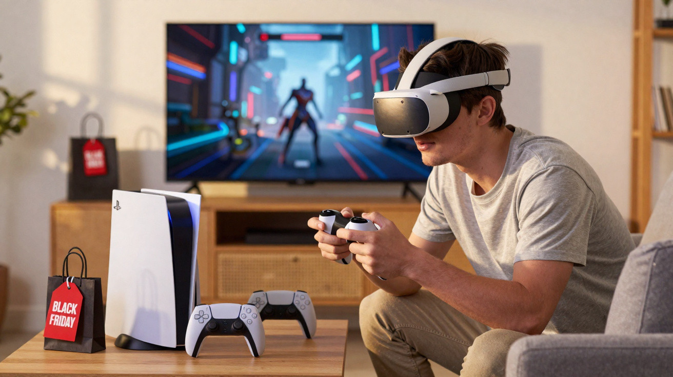 Junger Mann spielt Videospiele mit VR-Headset neben PlayStation 5 und Controllern am Black Friday.