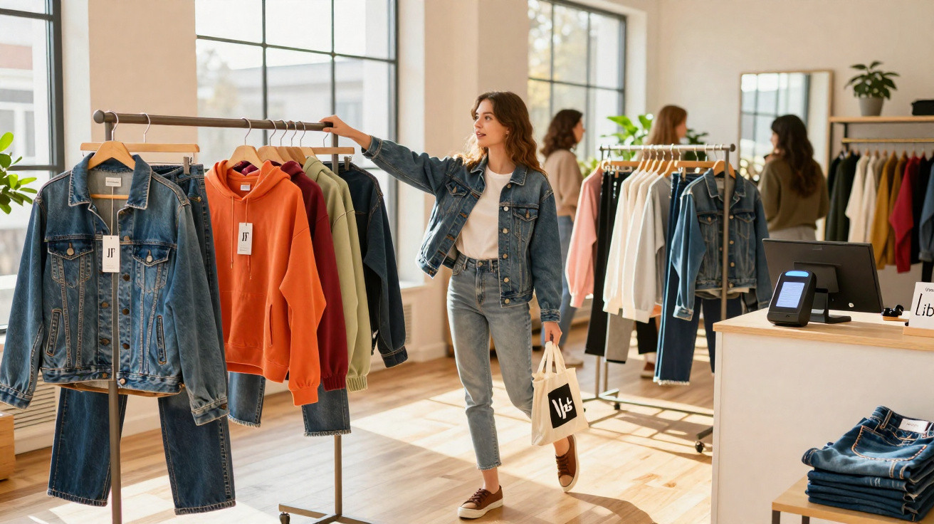 Frau in Jeansjacke beim Einkaufen in einem hellen Bekleidungsgeschäft mit Pullovern und Jeans auf Kleiderständern.