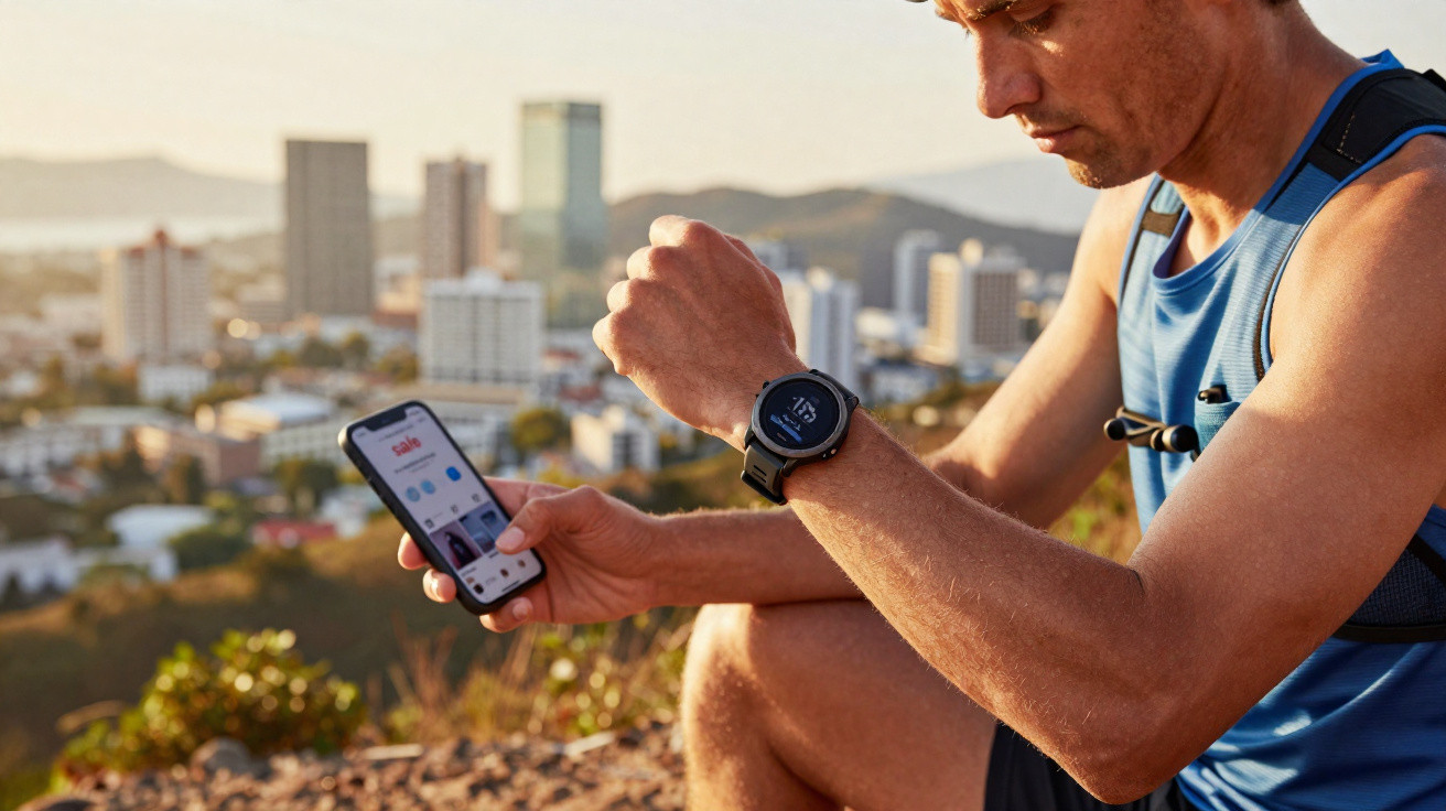 Mann in Sportkleidung sitzt draußen, checkt Smartwatch und Smartphone vor Stadtlandschaft im Hintergrund.