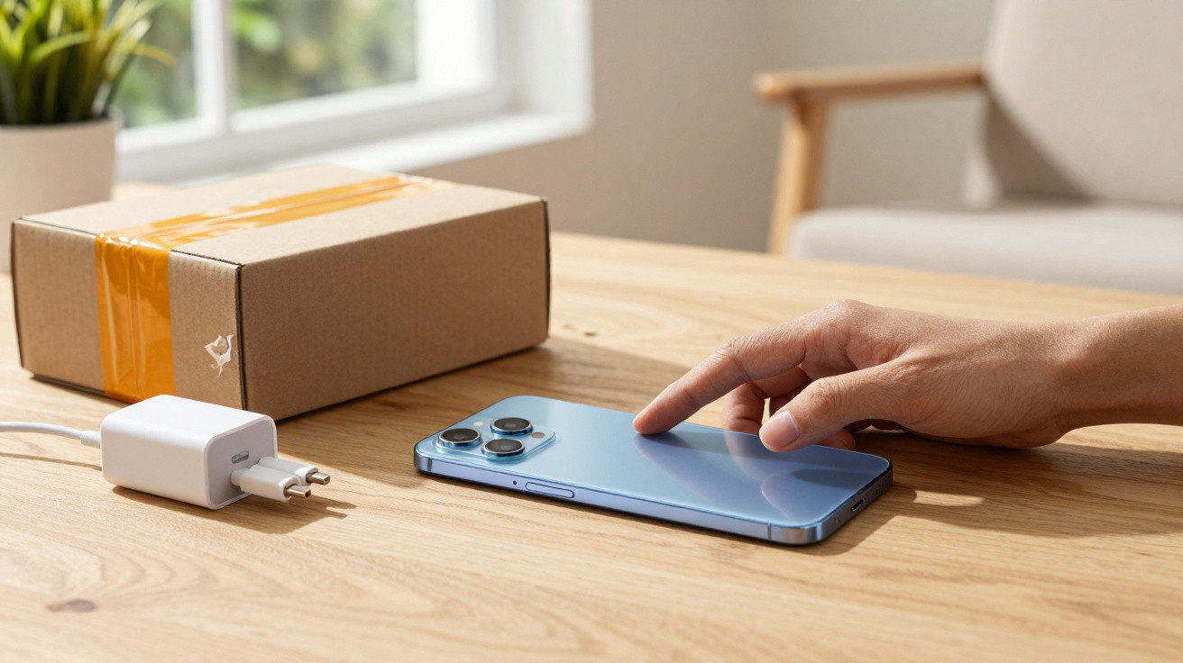 Hand tippt auf blaues Smartphone neben Ladestecker und Paket auf Holztisch vor Fenster mit Pflanze.