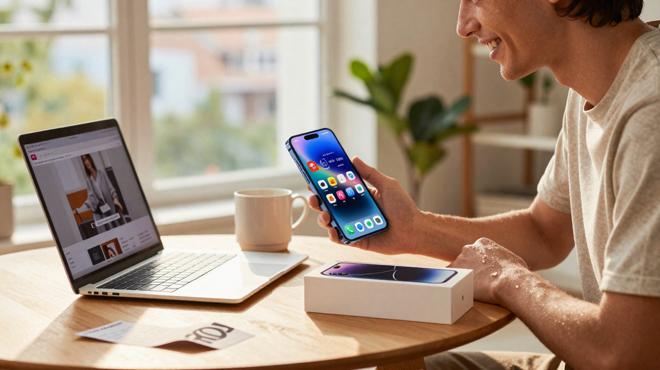 Junge Person sitzt am Tisch, hält neues Smartphone, daneben Laptop und Kaffeetasse, Tageslicht im Raum.