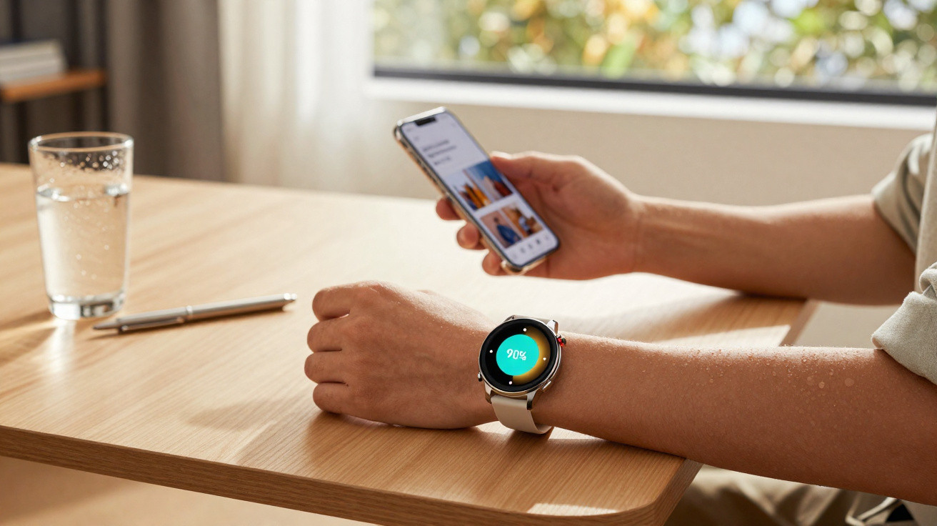 Person nutzt Smartphone, trägt moderne Smartwatch mit 90 % Anzeige am Handgelenk, Glas Wasser auf Holztisch.