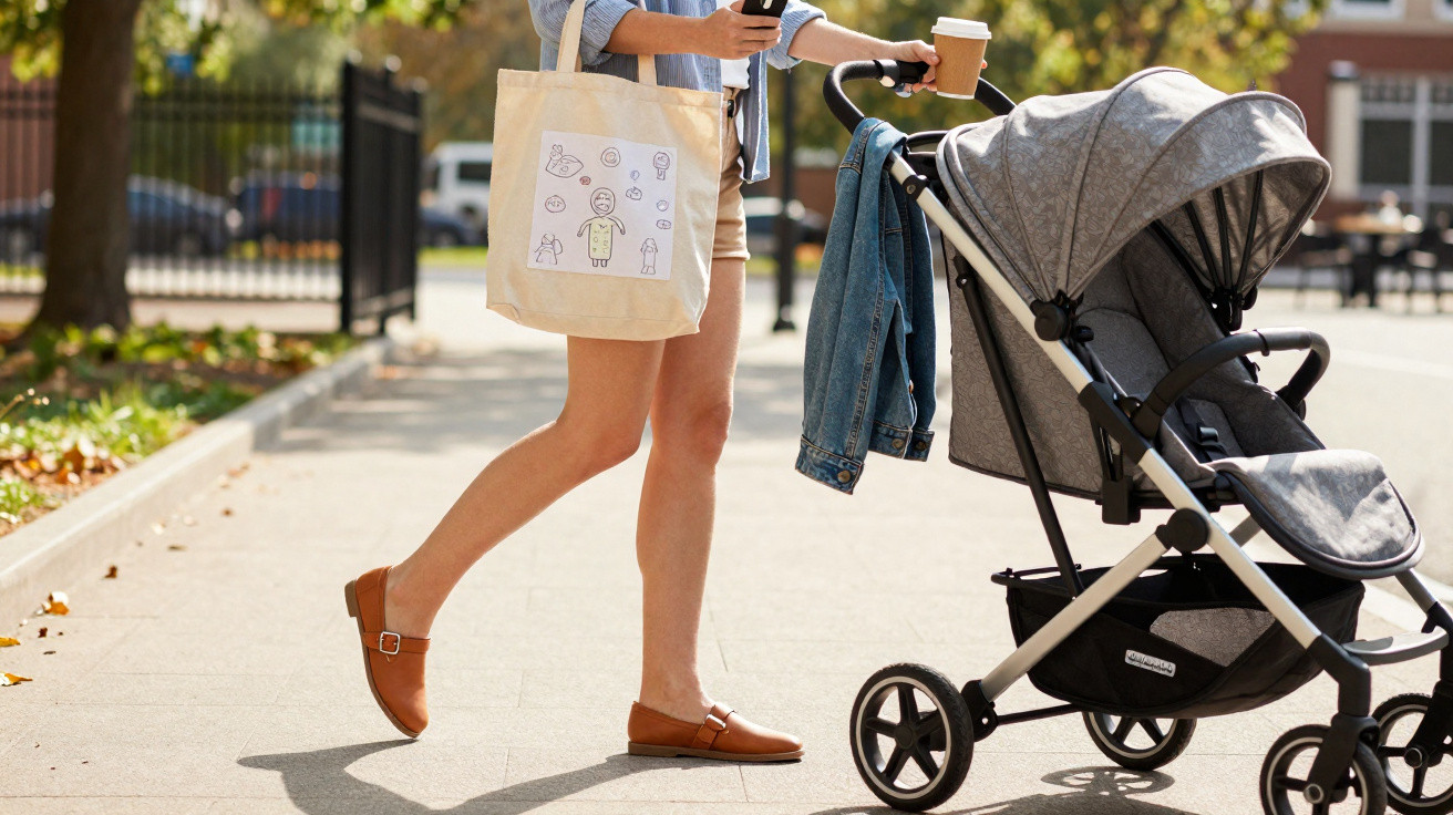 Frau schiebt Kinderwagen, hält Kaffee und Smartphone, trägt Tasche und Jeansjacke auf dem Stadtweg.