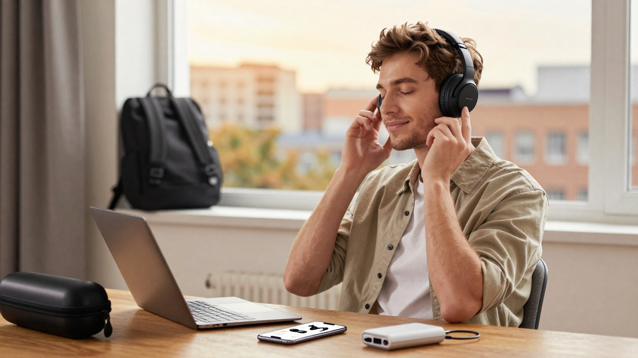 Junger Mann mit geschlossenen Augen hört Musik über Kopfhörer an einem Tisch mit Laptop und Handy.