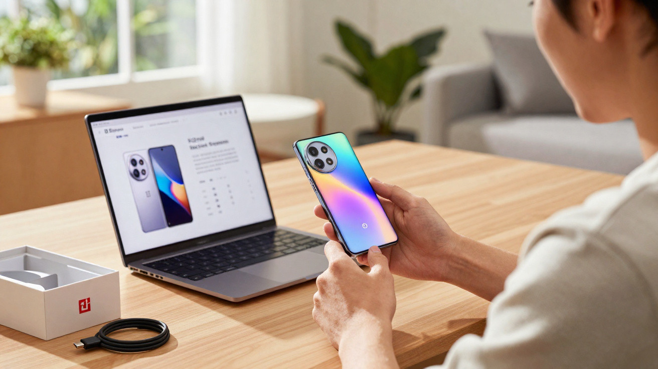 Person betrachtet ein neues OnePlus-Smartphone vor geöffnetem Laptop mit Produktseite auf dem Tisch.
