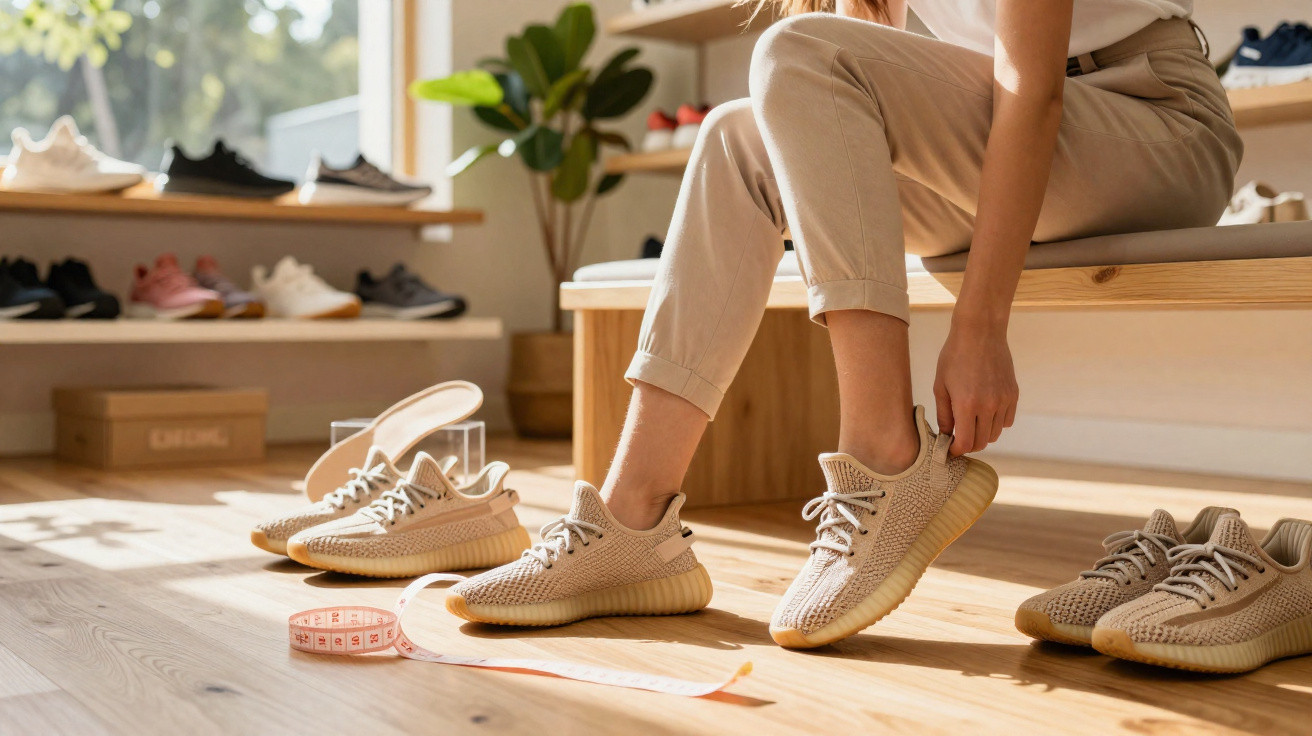 Frau probiert beige Sneaker in einem hellen Schuhgeschäft mit mehreren Schuhpaaren und Maßband auf dem Boden.