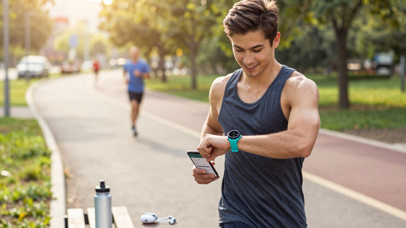 Sportlicher Mann läuft im Park und überprüft Daten auf seiner Smartwatch und Smartphone.