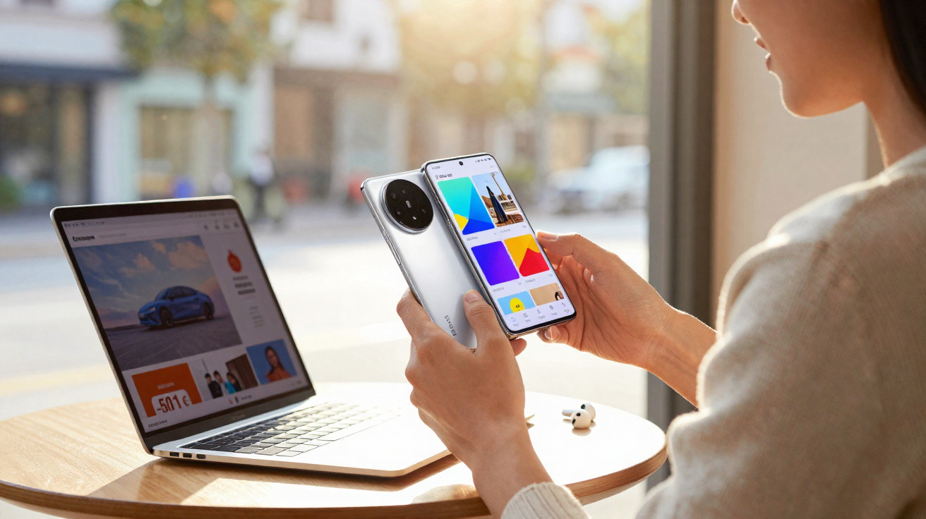 Person hält Smartphone mit bunten Apps neben offenem Laptop auf rundem Holztisch am Fenster