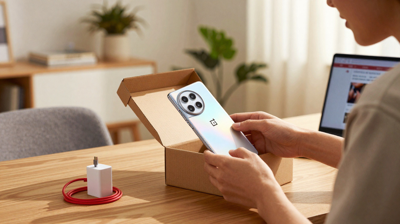 Person packt neues OnePlus-Smartphone aus, Ladegerät und rotes Kabel liegen auf dem Holztisch.