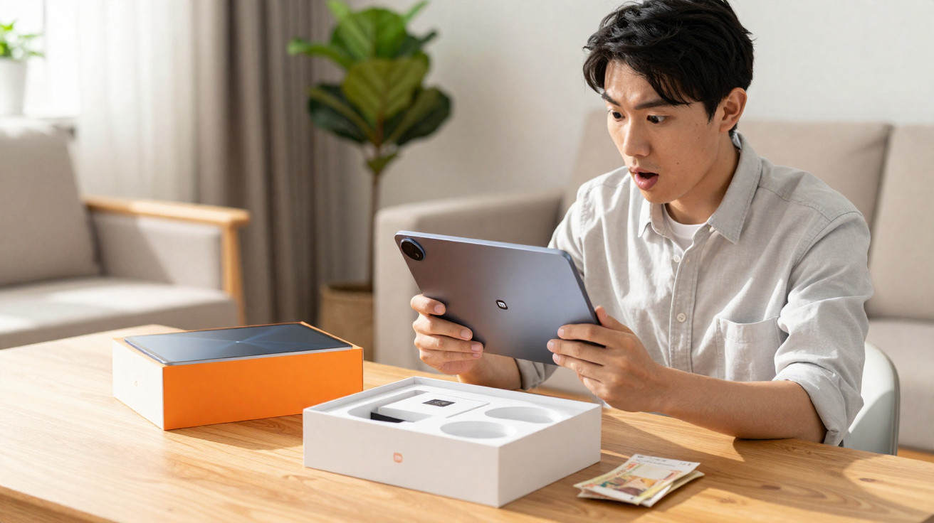 Junger Mann zeigt überraschten Gesichtsausdruck beim Auspacken eines neuen Tablets zu Hause.