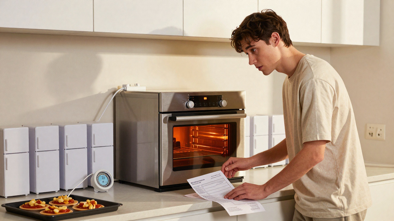 Junger Mann liest Anleitung vor kleinem Ofen in moderner Küche mit belegten Mini-Pizzen auf Backblech.