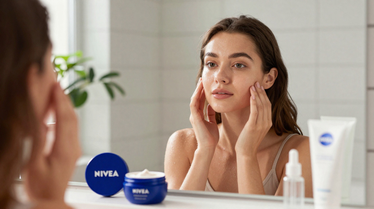 Frau trägt NIVEA-Gesichtscreme auf ihr sauberes, feuchtes Gesicht vor einem Badezimmerspiegel auf.