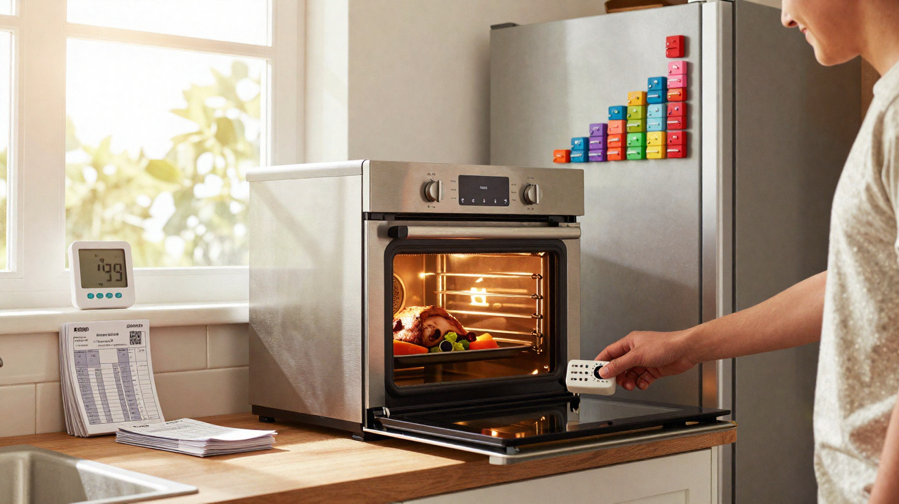 Person kontrolliert mit Fernbedienung einen auf 199 Grad eingestellten Backofen in moderner Küche