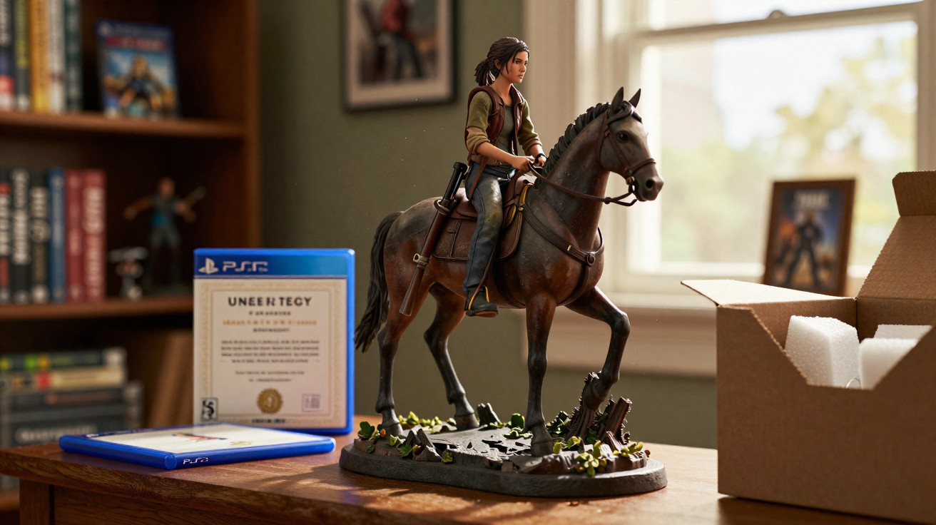 Figur einer Frau auf Pferd, daneben PlayStation 5 Spielhüllen und ein geöffneter Karton auf Holztisch.
