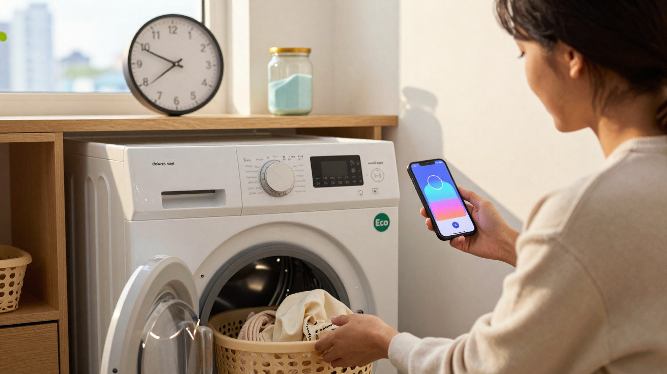 Frau legt Wäsche in Waschmaschine und steuert sie mit Smartphone in modernem Hauswirtschaftsraum.