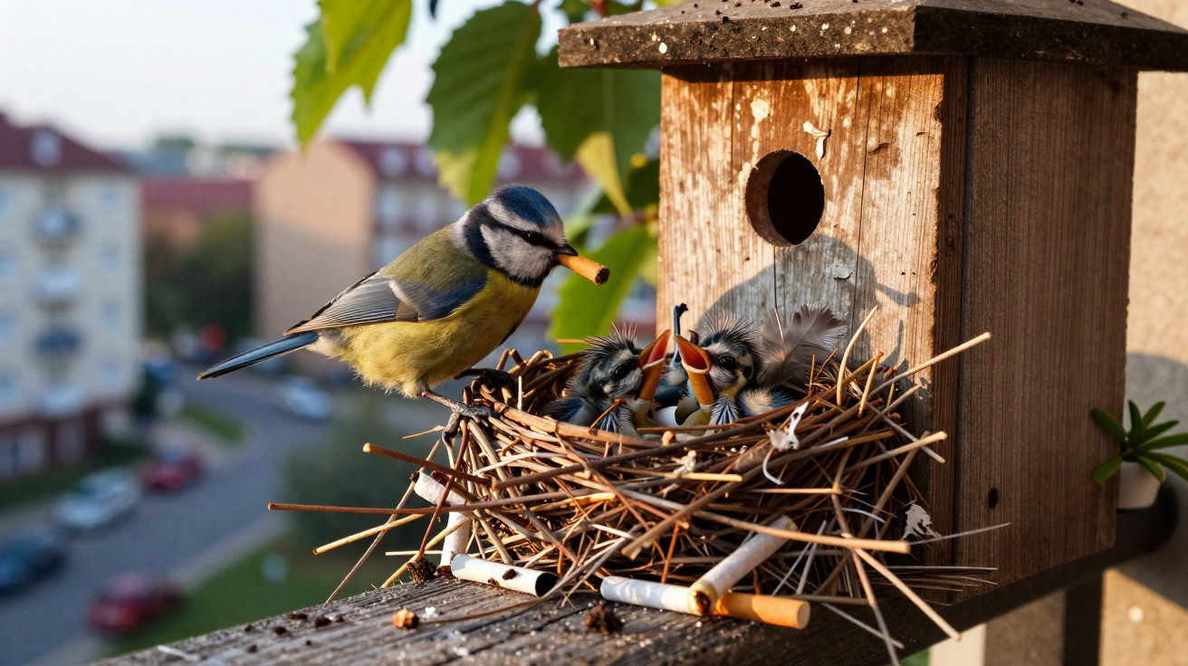 Blaumeise füttert Junge in Nest aus Zweigen mit Zigarettenstummeln neben Vogelhaus auf Balkon.