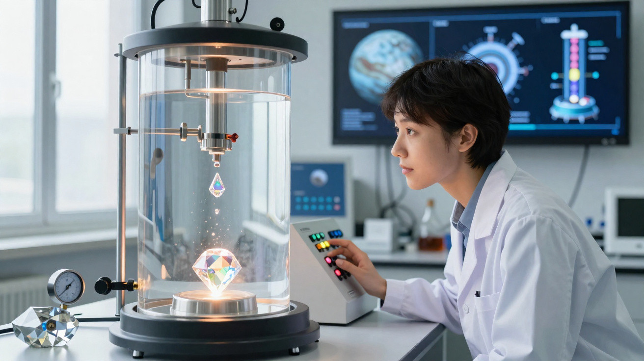 Wissenschaftlerin bedient Gerät zur Analyse eines schwebenden Diamanten in modernem Labor.
