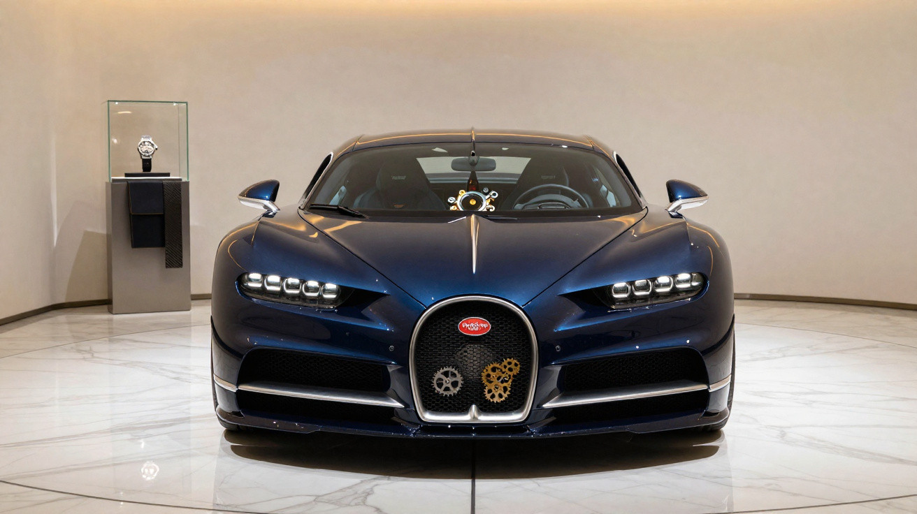 Dunkelblauer Bugatti Chiron Sportwagen frontal in hellem Raum mit Uhr im Hintergrund und Zahnrad-Dekor.