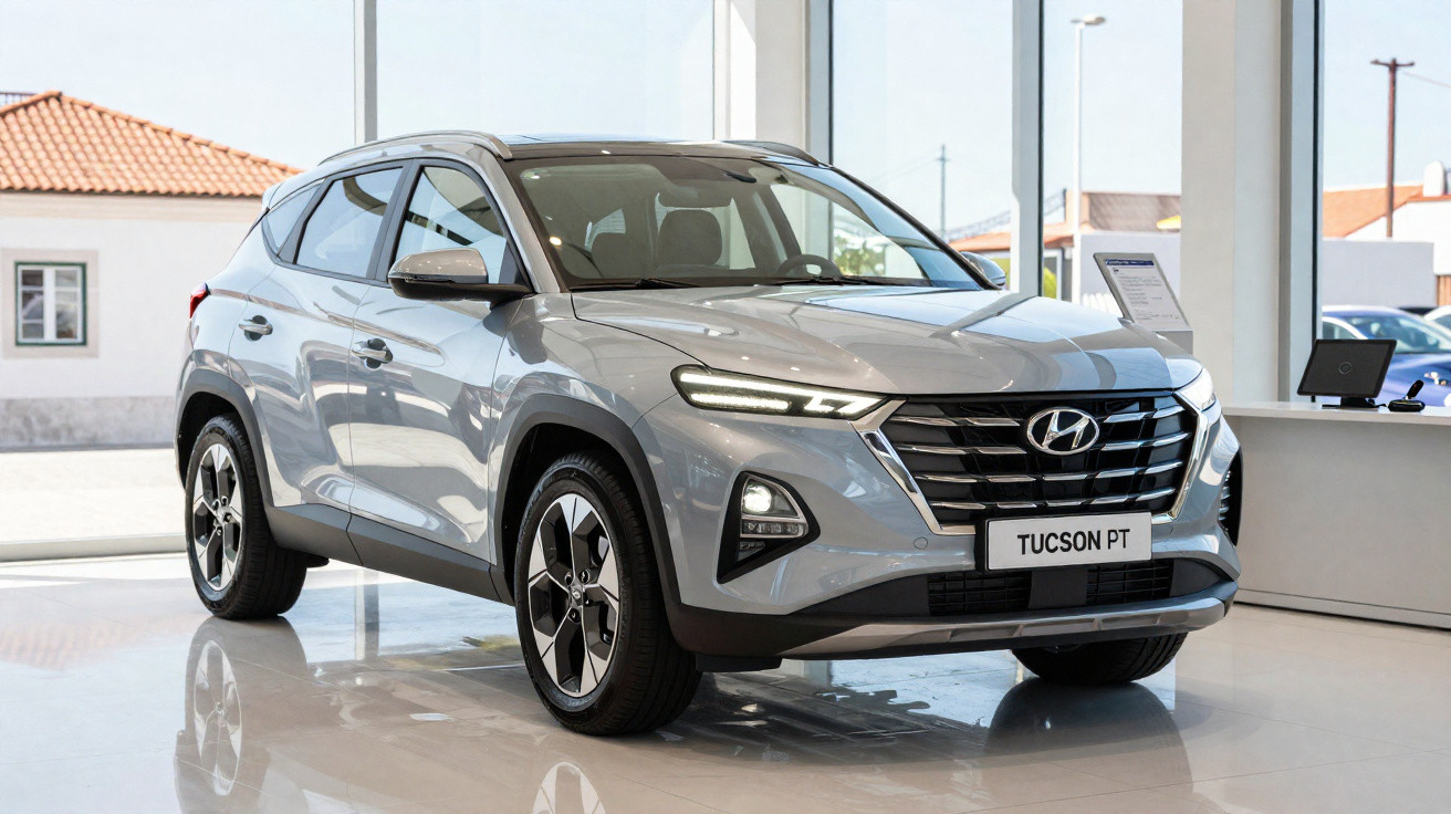 Silberner Hyundai Tucson PT SUV steht in einem hellen Autohaus mit großen Fenstern.