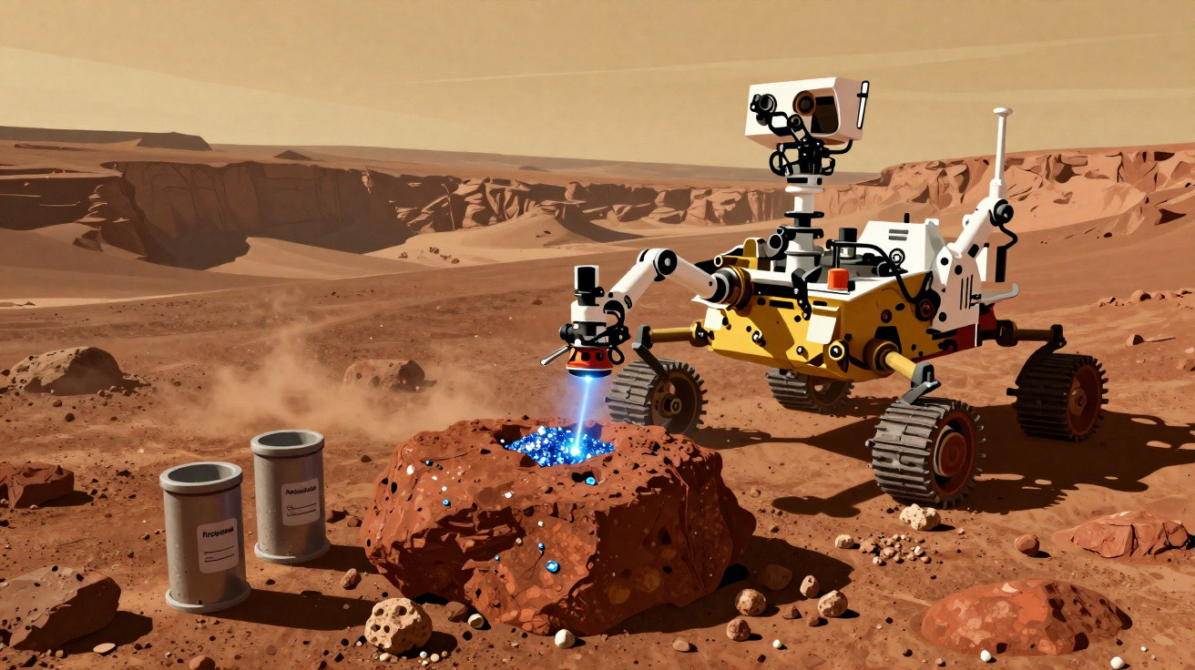 Ein Rover untersucht mit einem Laserstrahl einen roten Stein auf einer felsigen Marslandschaft.